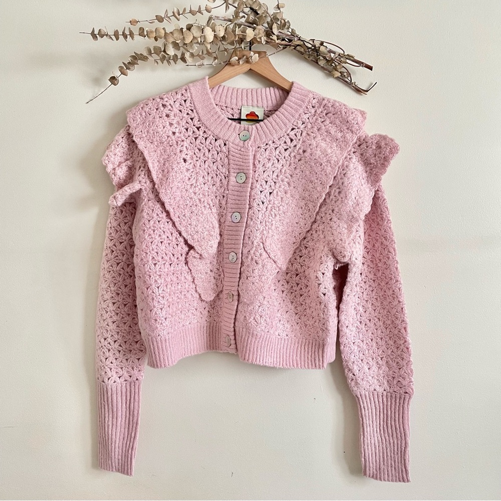Farm Rio Pink Flower Texture Crochet Knit Ruffle Cardigan Sweater NWT Small - Picture 7 of 16